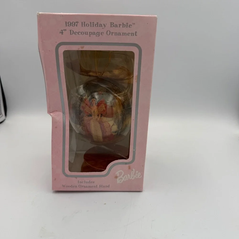 1997 Holiday Barbie 4 Inch Decoupage Ornament with Wooden Stand Matrix Vintage